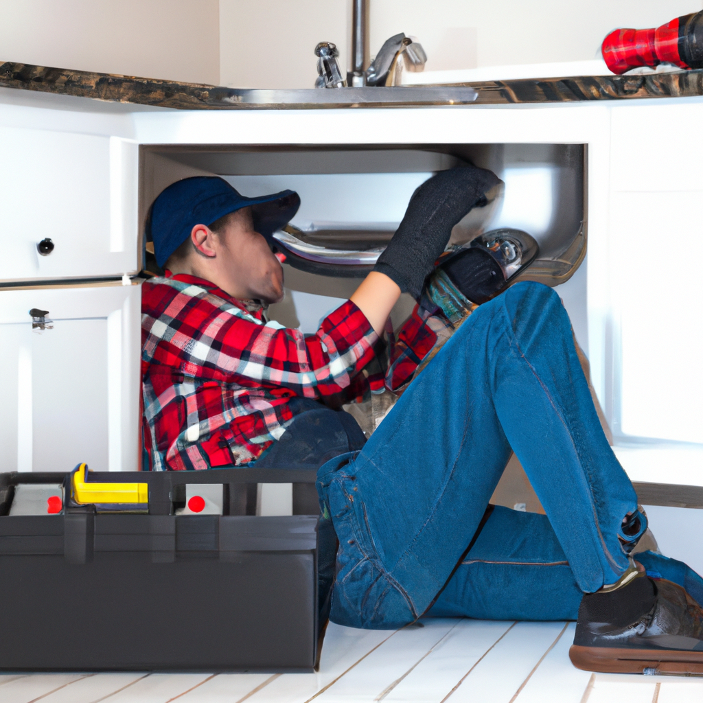 Licensed plumber fixing a kitchen sink with toolbox